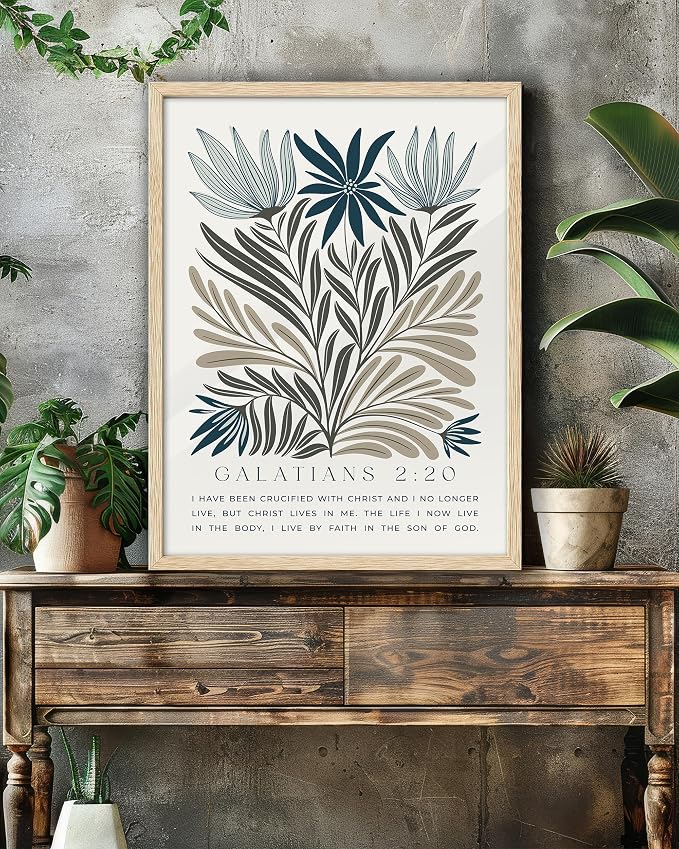 EcoHest 12x16 in Galatians 2:20 Botanical Floral Framed Christian Wall Art | Natural Oak Wood Frame, Canvas Wall Art, Nature Scripture Bible Verse Decor for Bedroom, Living Room, Office, Church, 1Pack