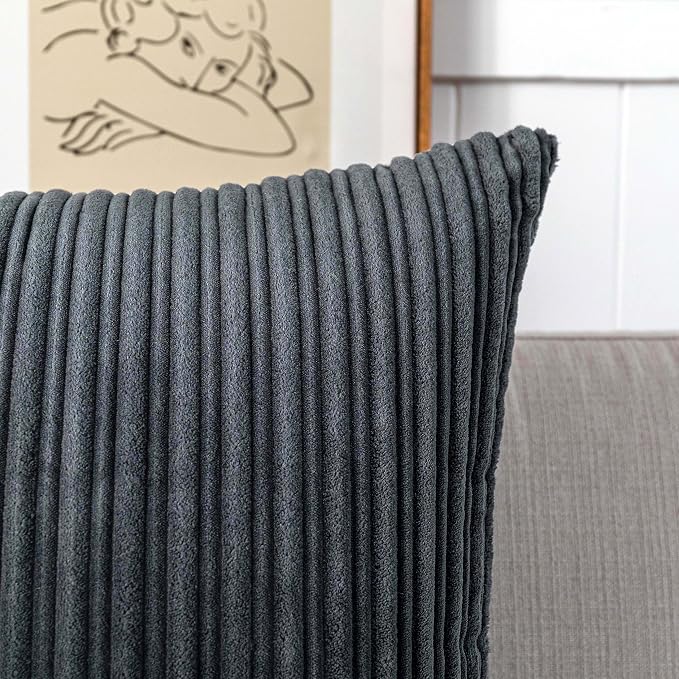 UGASA Velvet Pillow Covers Striped Decorative Throw Cushion Case with Hidden Zipper for Home Couch/Bedroom/Car, Soft Cozy Solid Oblong, 2 Pieces (12"x20", Dark Grey)