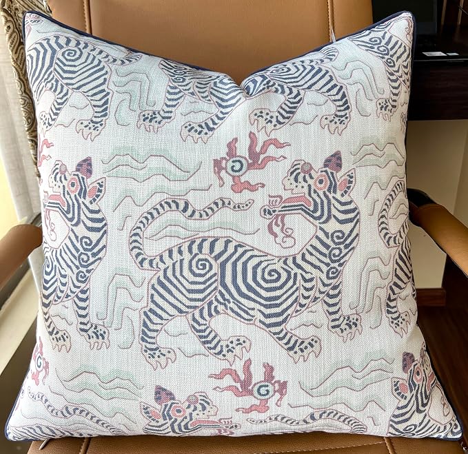 Chinoiserie Tiger Print 20x20 Throw Pillow Cover, Grey | Folk-art chinoiserie tigers on off-white slub, grey piping; both sides printed; hidden z; cover only