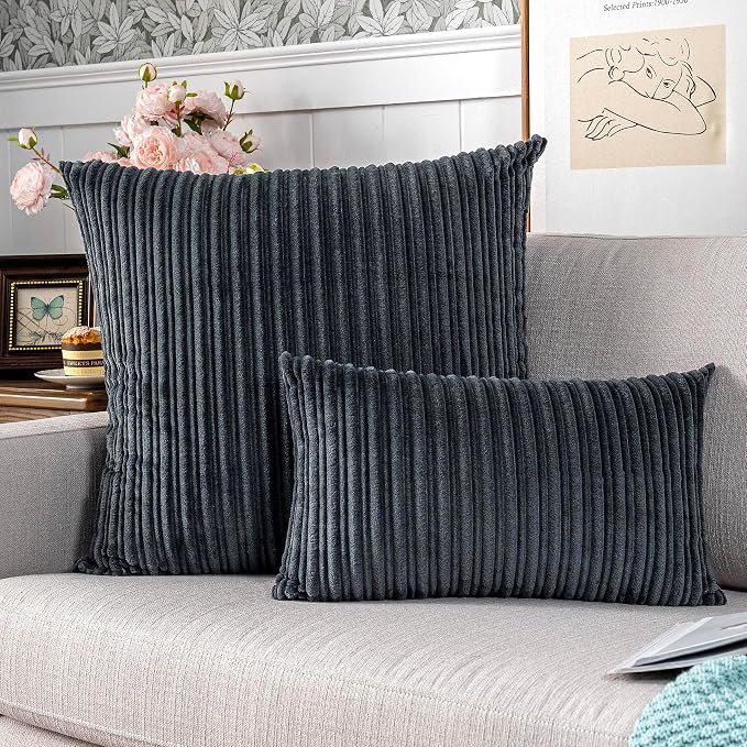 UGASA Corduroy Striped Soft Soild Decorative Square Throw Pillow Covers Set Cushion Cases Pillowcases for Sofa Bedroom, 1 Pc, 24x24inch, Dark Grey