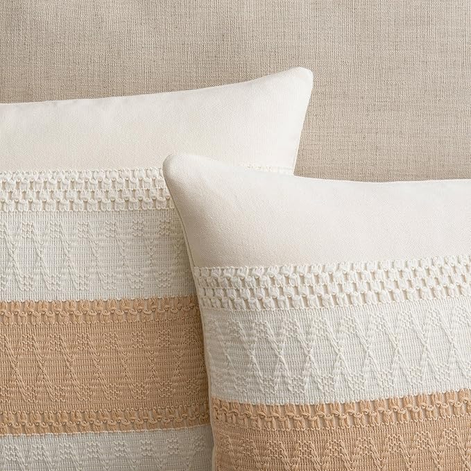 2 Pack Boho Throw Pillow Covers, Contrast Beige 24x24in | Soft Breathable Cotton, Farmhouse Decorative Couch Pillow Cases, Cushion Covers for Sofa Bed Living Room Home Decor