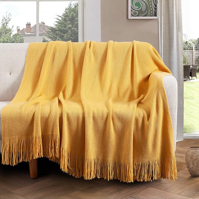 Vonty Mustard Yellow Knitted Throw Blanket with Tassels, 50x60 Acrylic | Super Soft And Lightweight, Year-Round Cozy Warmth, Farmhouse Decorative Style, Machine Washable, for Couch, Sofa or Bed