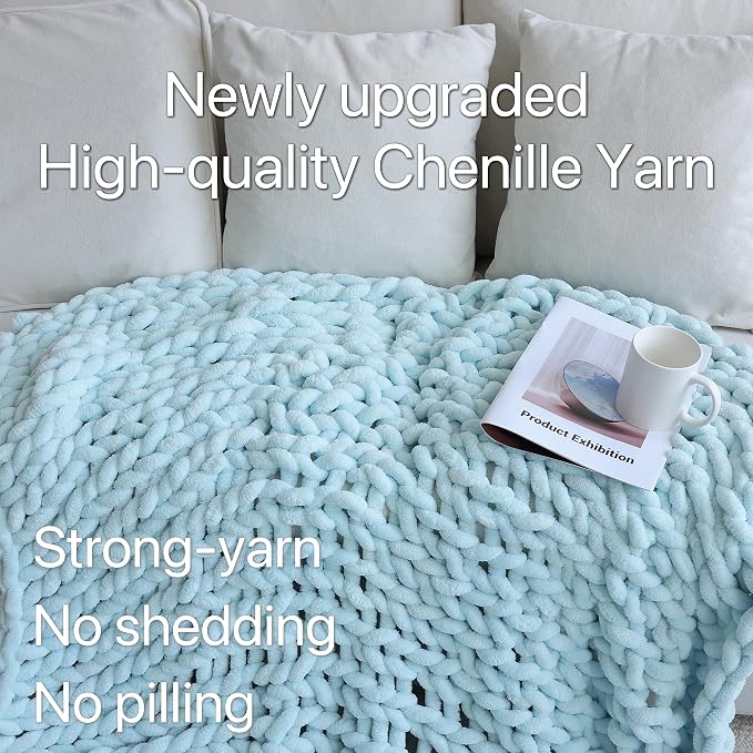 Maetoow Chenille Chunky Knit Blanket，Handmade Cozy for Home Decor，60×80，Baby Blue