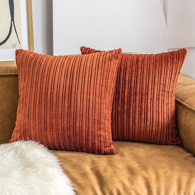 UGASA Fall Super Soft Decor Striped Corduroy Large Throw Pillow Covers Sham Cushion Case Living Room, 2 Packs, 24" x 24" (61cm), Burnt Brick