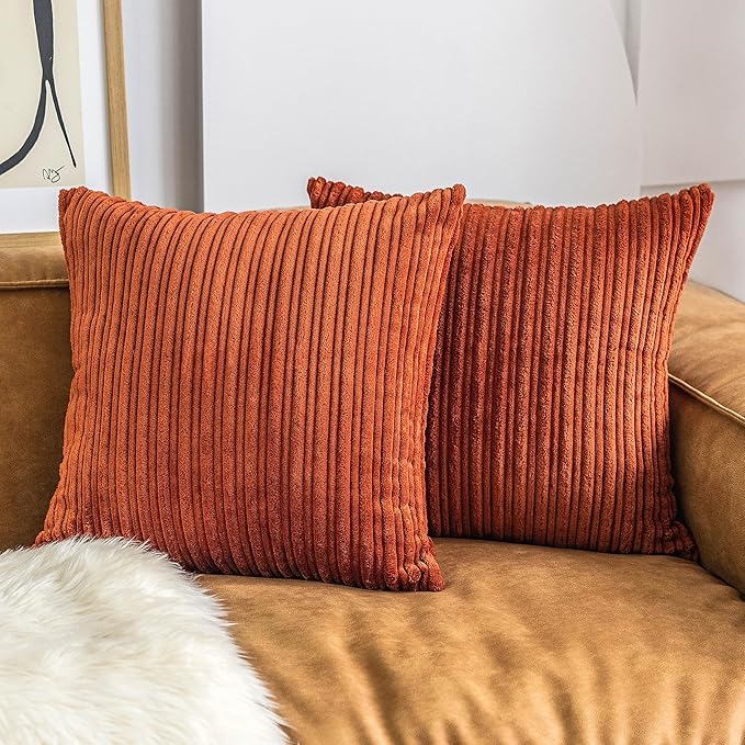 UGASA Solid Color Striped Velvet Pillow Covers Fall Modern Sofa Cushion Cover Bed Velvet Square Pillowcase, 1 Pc, 20"x20", Burnt Brick