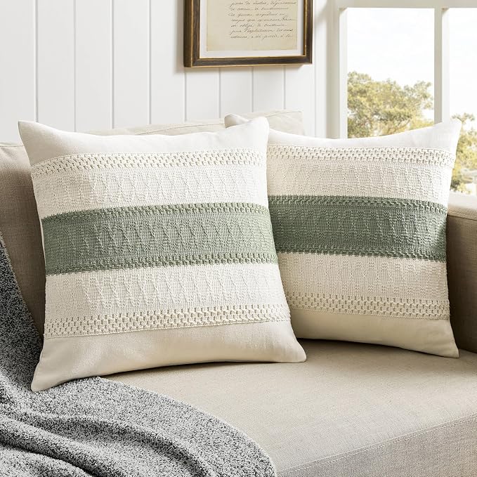 2 Pack Boho Throw Pillow Covers, Contrast Green 18x18in | Soft Breathable Cotton, Farmhouse Decorative Couch Pillow Cases, Cushion Covers for Sofa Bed Living Room Home Decor