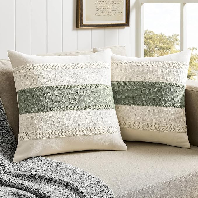 2 Pack Boho Throw Pillow Covers, Contrast Green 16x16in | Soft Breathable Cotton, Farmhouse Decorative Couch Pillow Cases, Cushion Covers for Sofa Bed Living Room Home Decor