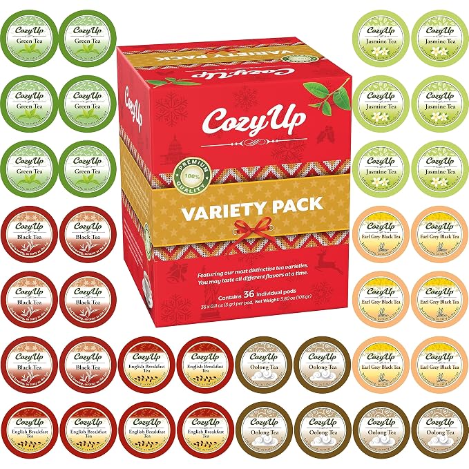 Cozy Up 36-Count 6 Flavors Variety Pack Tea Compatible with Keurig K-Cup Brewers, Including Green, Black, Jasmine, Earl Grey, English Breakfast, Oolong Tea