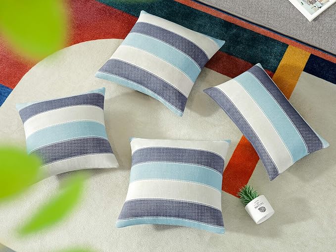 Pack of 2 Farmhouse Stripe Check Throw Pillow Covers Set Case Cotton Linen Decorative Pillowcases Cushion Cover for Couch Bench Sofa 20x20Inch Blue Beige