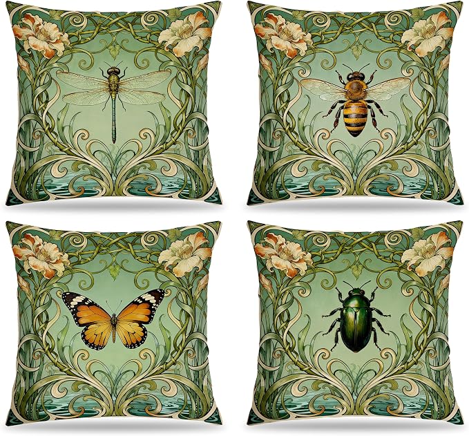 Green Art Nouveau Floral Insects Pillow Covers 18x18 Set of 4, Nature Lover Gifts, Cottagecore Vintage Nature Dragonfly Bee Butterfly Beetle Decorative Pillow Covers for Home Living Room