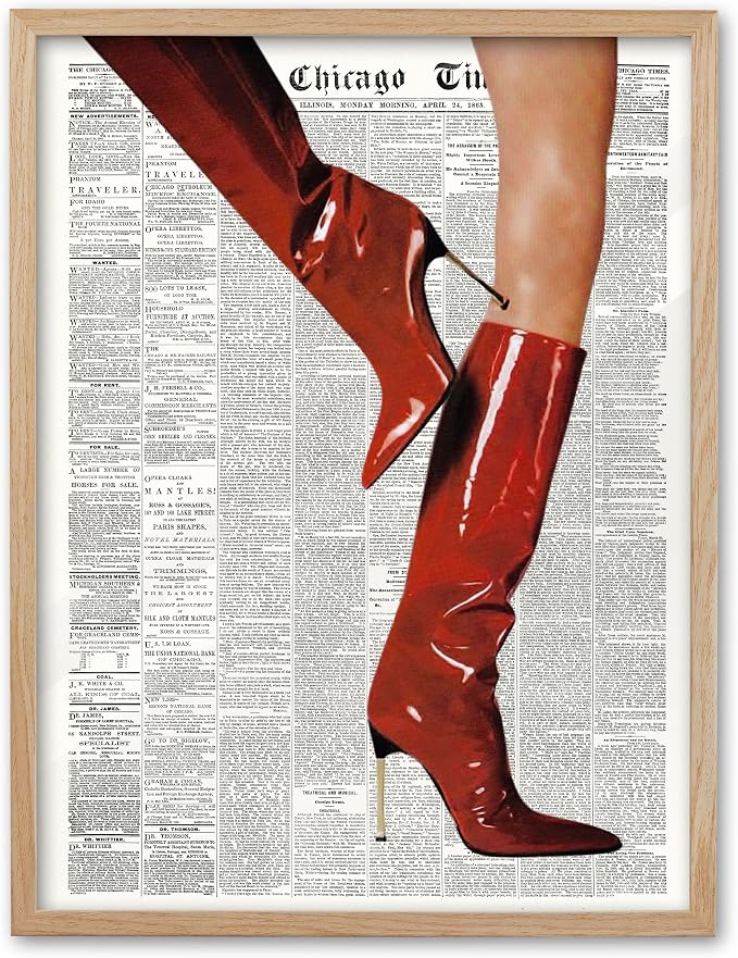 EcoHest 16x20 in Red Boots Newspaper Framed Wall Art | Solid Oak Wood Frame with Canvas Wall Art, Fashion Magazine Wall Decor for Bedroom, Apartment, Dorm Room, College Room, 1Pack