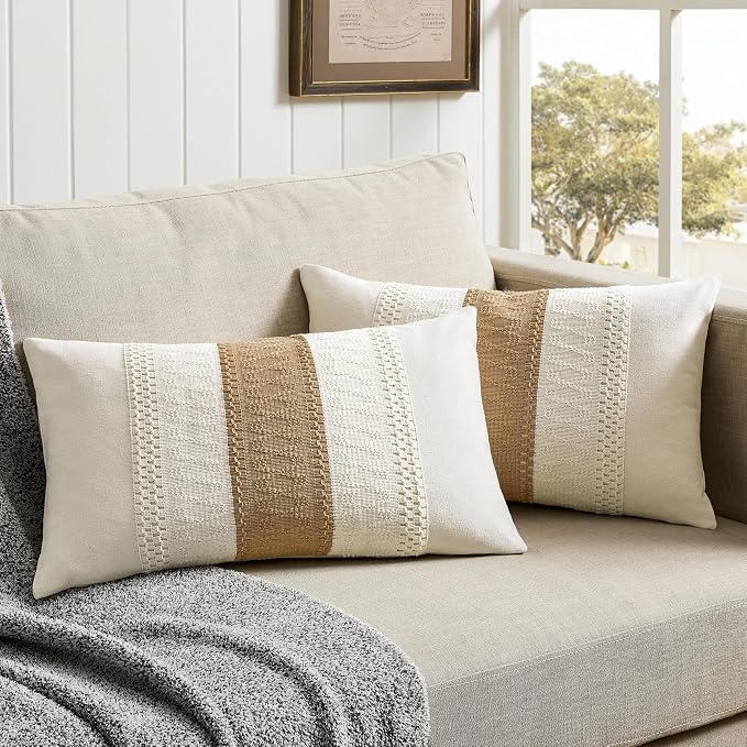 2 Pack Boho Lumbar Pillow Covers, Contrast Brown 12x20in | Soft Breathable Cotton, Farmhouse Decorative Couch Pillow Cases, Cushion Covers for Sofa Bed Living Room Home Decor