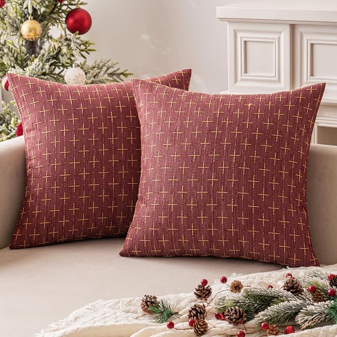 MIULEE Pack of 2 Christmas Decorative Burlap Linen Throw Pillow Covers Modern Farmhouse Pillowcase Rustic Woven Textured Cushion Cover for Sofa Couch Bed 18x18 Inch Wine Red
