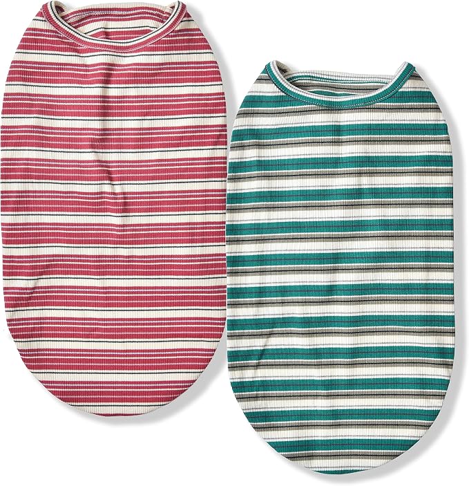 Dog Shirts Vest Cotton Striped T-Shirt, Sleeveless Stretchy Pet Clothes for Small Dogs, 2-Pack Soft Breathable Puppy Tank Top Cat Tee (X-Large, Pine Green,Plum Red)