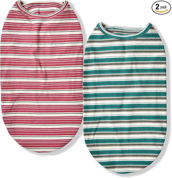 Dog Shirts Vest Cotton Striped T-Shirt, Sleeveless Stretchy Pet Clothes for Small Dogs, 2-Pack Soft Breathable Puppy Tank Top Cat Tee (X-Small, Pine Green,Plum Red)