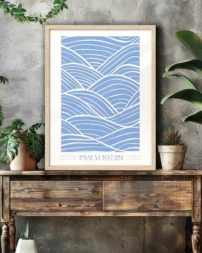 EcoHest 12x16 in Psalm 107:29 Ocean Waves Christian Framed Wall Art | Natural Oak Wood Frame with Canvas Wall Art, Scripture Bible Verse Decor for Bedroom, Living Room, Office, Church, 1Pack