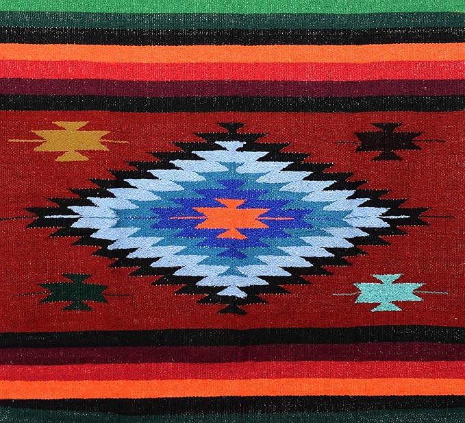 Open Road Goods Aztec Navajo Style Blanket, Throw, or Yoga Bolster - Handwoven Mexican Diamond Blanket (Multi Rust)