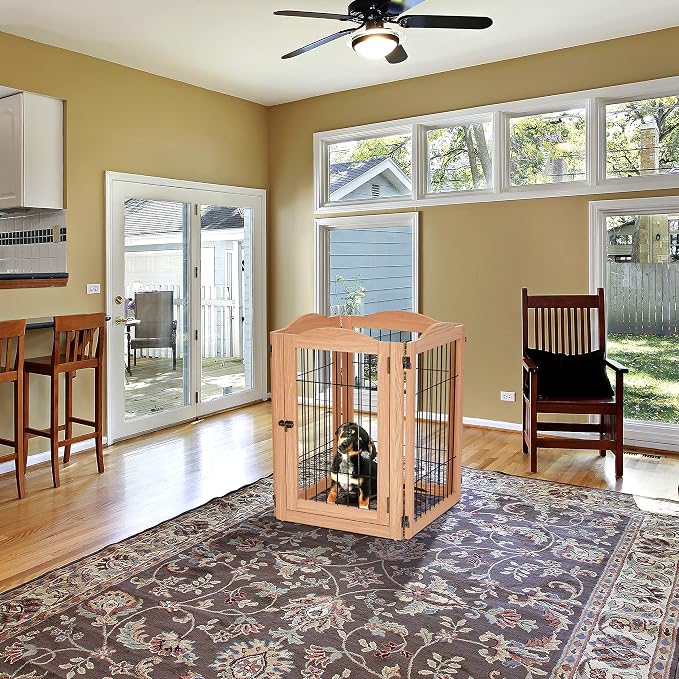 Arf Pets Dog Gate with Walk Through Door, 4 Panel 360° configurable Freestanding Wooden Wire Fence, 80" Wide, 31.5" Tall, Foldable, Support Feet Included, for The House - Indoor Use