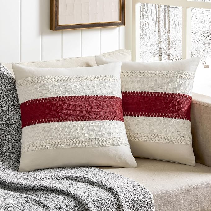 2 Pack Boho Throw Pillow Covers, Contrast Red 16x16in | Soft Breathable Cotton, Farmhouse Decorative Couch Pillow Cases, Cushion Covers for Sofa Bed Living Room Home Decor