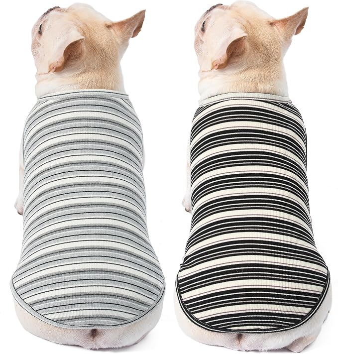 Dog Shirts Vest Cotton Striped T-Shirt, Sleeveless Stretchy Pet Clothes for Small Dogs, 2-Pack Soft Breathable Puppy Tank Top Cat Tee (Small, Black,Gray)