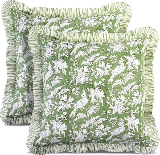 CPC Olive Green Ruffle Throw Pillow Covers for Couch, 18x18 Inch Cotton Stripe Ruffle Couch Pillows for Living Room, Hidden 14 Inch Zipper Boho Pillow Case or Cute Outdoor Pillows