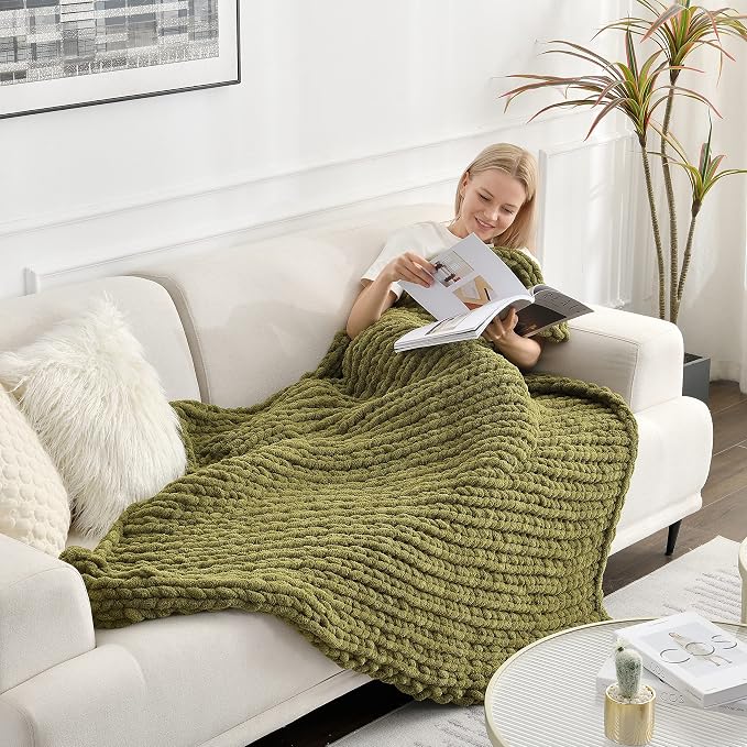Maetoow Tighter Version Chenille Chunky Knit Blanket Throw,60×80,Olive Green