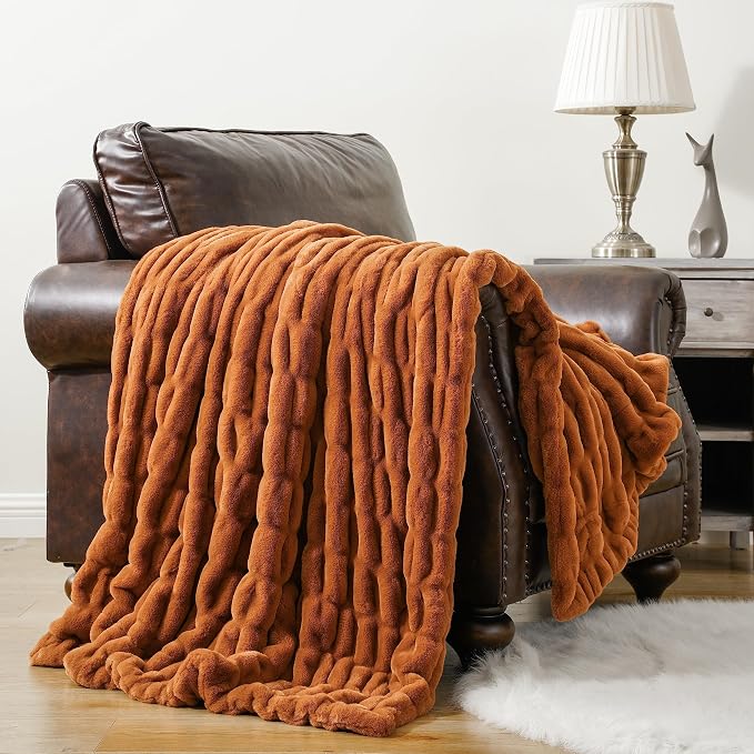 BATTILO Faux Fur Burnt Orange Throw Blanket for Couch, 50"x60", Double Side | Orange Bubble Blanket, Fall Throw Blanket, Fall Decor, Halloween Decorations, Soft Cozy Faux Fur Blanket For Bed, Living Room