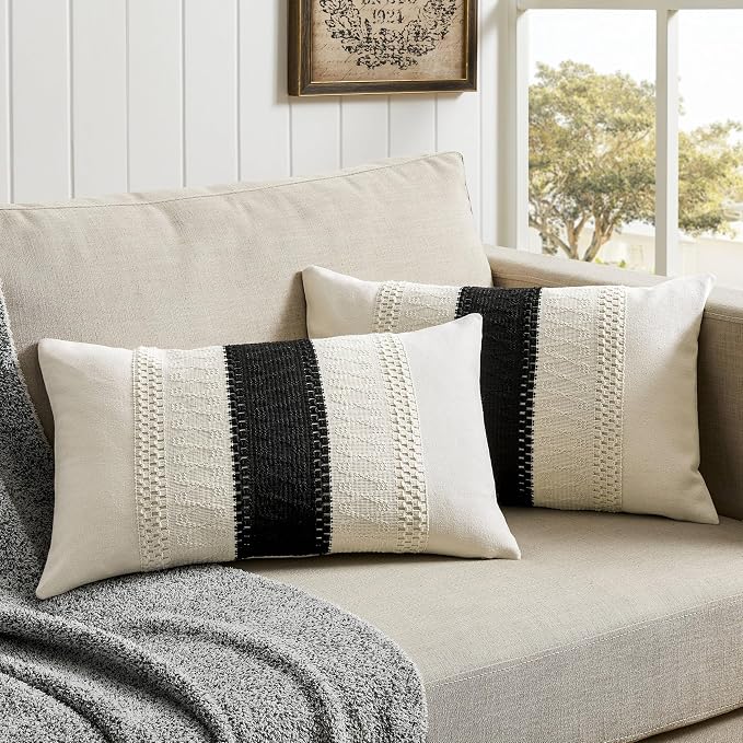 2 Pack Boho Lumbar Pillow Covers, Contrast Black 12x20in | Soft Breathable Cotton, Farmhouse Decorative Couch Pillow Cases, Cushion Covers for Sofa Bed Living Room Home Decor