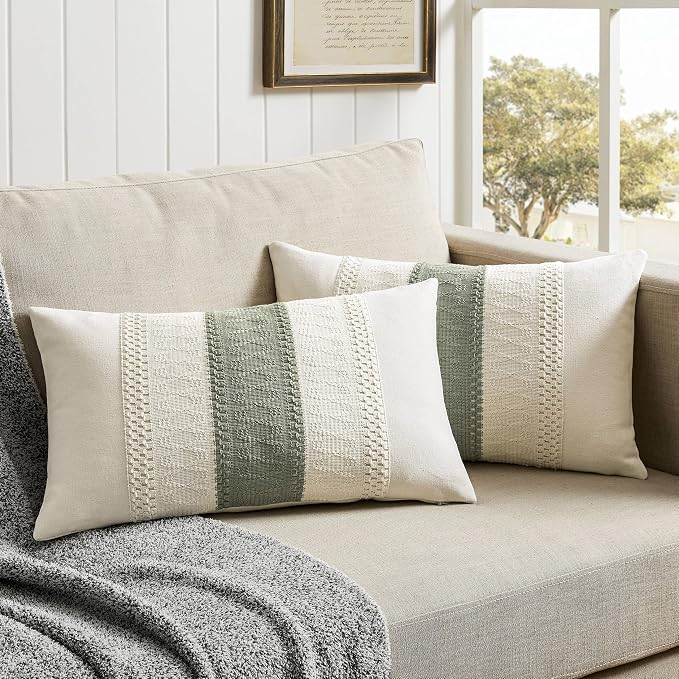 2 Pack Boho Lumbar Pillow Covers, Contrast Green 12x20in | Soft Breathable Cotton, Farmhouse Decorative Couch Pillow Cases, Cushion Covers for Sofa Bed Living Room Home Decor