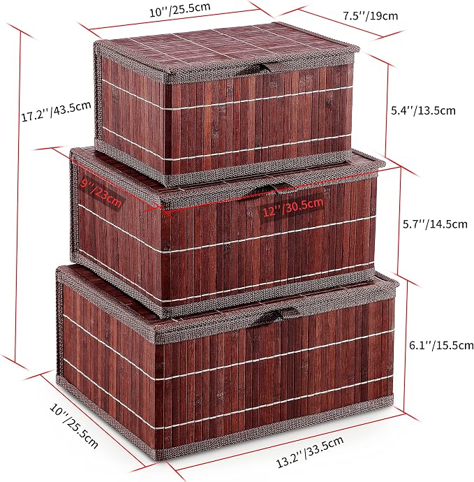 Honygebia Bamboo Decorative Storage Boxes - Set of 3 Woven Lined Storage Basket with Lids, Retro Brown Wicker Lidded Baskets for Home Kitchen Shelf Organizer Decor