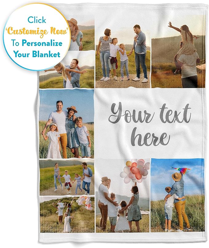 Personalized Photo & Text Blanket, Custom Picture Fleece Throw (9-Pic) | Printed in USA, ships next day, add 1-9 photos & custom text, fleece or sherpa, family keepsake gift, cozy home decor