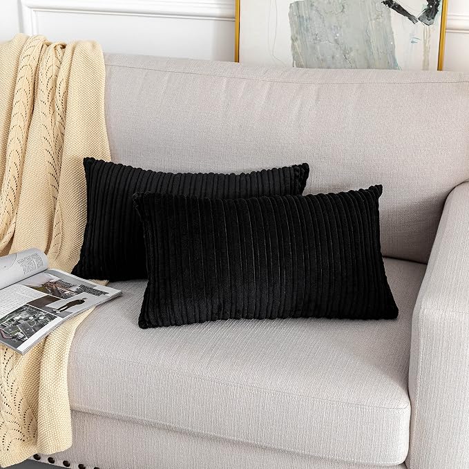 UGASA 12x24 Inch Pillow Cover Pack of 1 Soft Boho Stripe Corduroy Long Rectangular Lumbar Cushion Cover Farmhouse Decorative Throw Pillowcase for Bed, Couch, Sofa, Bedroom, Living Room, Black