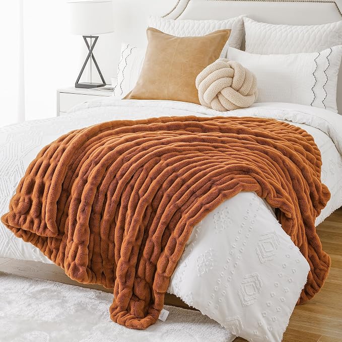 BATTILO Faux Fur Burnt Orange Throw Blanket for Couch, 50"x60", Double Side | Orange Bubble Blanket, Fall Throw Blanket, Fall Decor, Halloween Decorations, Soft Cozy Faux Fur Blanket For Bed, Living Room
