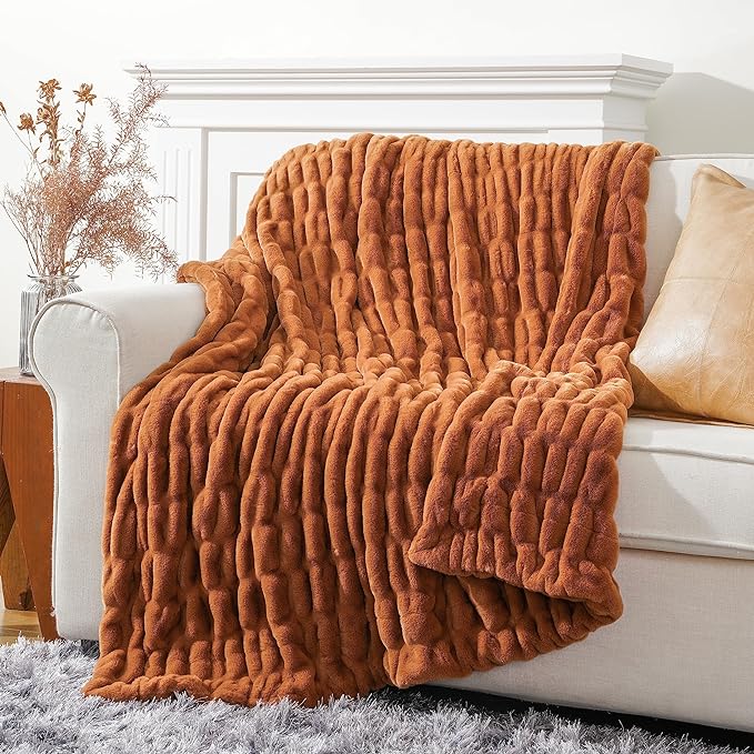 BATTILO Faux Fur Burnt Orange Throw Blanket for Couch, 50"x60", Double Side | Orange Bubble Blanket, Fall Throw Blanket, Fall Decor, Halloween Decorations, Soft Cozy Faux Fur Blanket For Bed, Living Room