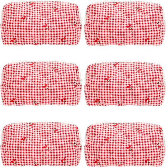 Small Quilted Makeup Bag,Zipper Cosmetic Pouch,Gingham Red Cherry,6 Pack | Lightweight Cosmetic Bag Organizer for Women,Purse Storage Holds Makeup,Toiletries,Skincare,Beauty Essentials,Travel Items