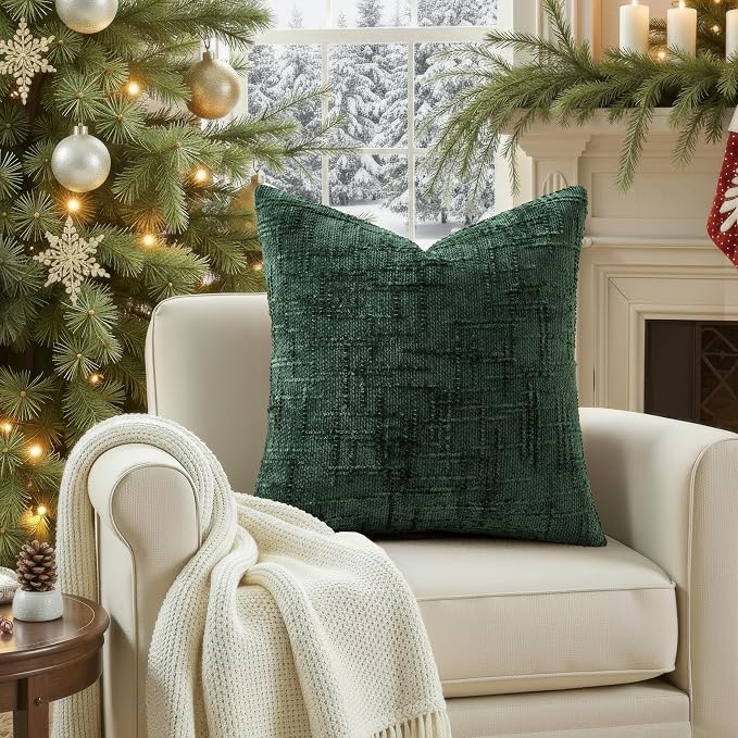 decorUhome Textured Chenille Throw Pillow Covers 26x26 Set of 2 Green | Fall Modern Farmhouse Soft Cozy Slubby Couch Pillow Cases Boho Decorative Pillow Cases for Bed Sofa Living Room Home Decor