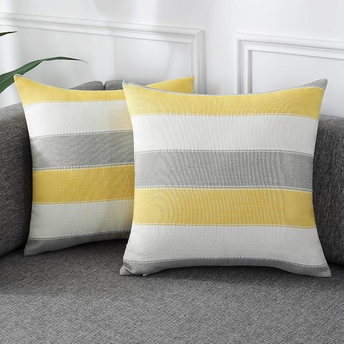 Pack of 2 Farmhouse Stripe Check Throw Pillow Covers Set Case Cotton Linen Decorative Pillowcases Cushion Cover for Couch Bench Sofa 16x16Inch Yellow Beige