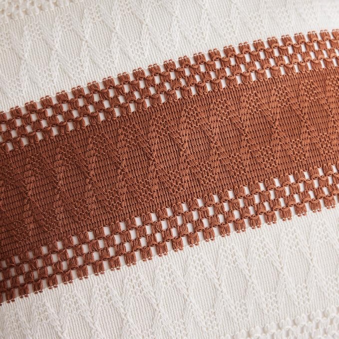 2pk Boho Pillow Covers 12x20, Natural White/Contrast/Terracota | 100% Organic Cotton Body, Stripe Embroidery, Farmhouse Decorative Cushion Covers for Sofa Bed Living Room Home Decor