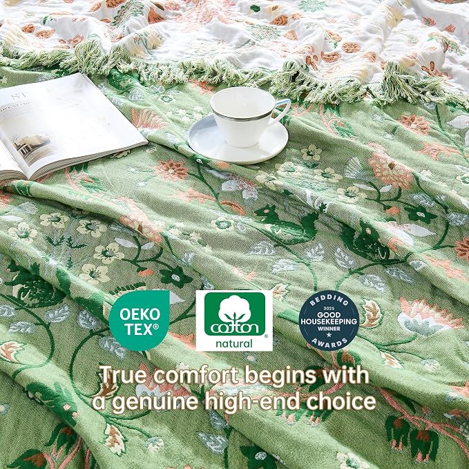VANJOROY King Boho Throw Blanket, 100% Organic Cotton Breathable Skin-Friendly Ultra Soft 91" x 98" Bed Quilt Green Throw - Floral Rustic Decor Luxury Reversible Blanket for Sofa Couch Chair and Gift