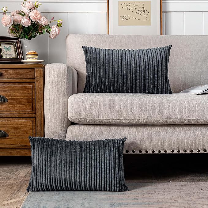UGASA Velvet Pillow Covers Striped Decorative Throw Cushion Case with Hidden Zipper for Home Couch/Bedroom/Car, Soft Cozy Solid Oblong, 2 Pieces (12"x20", Dark Grey)