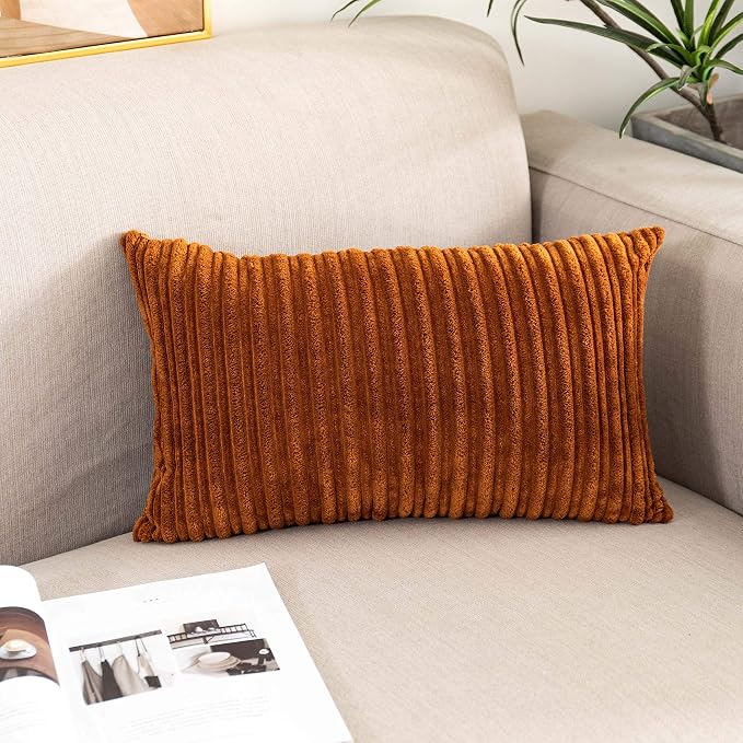 UGASA Corduroy Striped Soft Soild Decorative Throw Pillow Covers Set Cushion Cases Pillowcases for Sofa Bedroom, 2 Pcs, 12x20inch, Brown