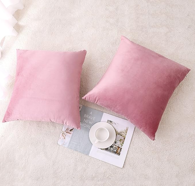 NiNi ALL Pink Velvet Throw Pillow Covers 24x24 Pack of 2 Decorative Couch | Soft Solid Boho Cushion Squar Pillow Cases for Chair Sofa Bedroom Farmhouse Living room Modern Luxury Home Decor Christmas