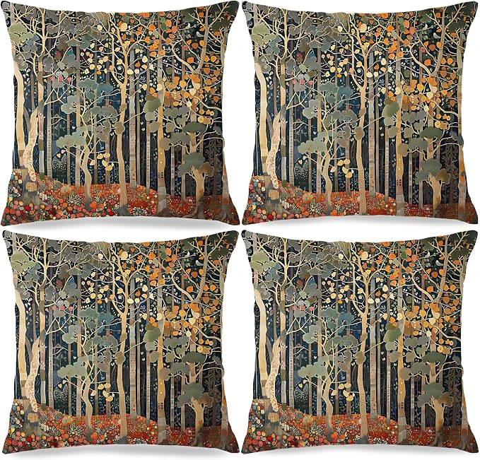 Rustic William Morris Inspired Autumn Forest Decor Pillow Covers 18x18 Set of 4,Fall Home Room Decor, Vintage Botanical Nature Decorative Throw Pillow Covers for Home Bedroom Living Room
