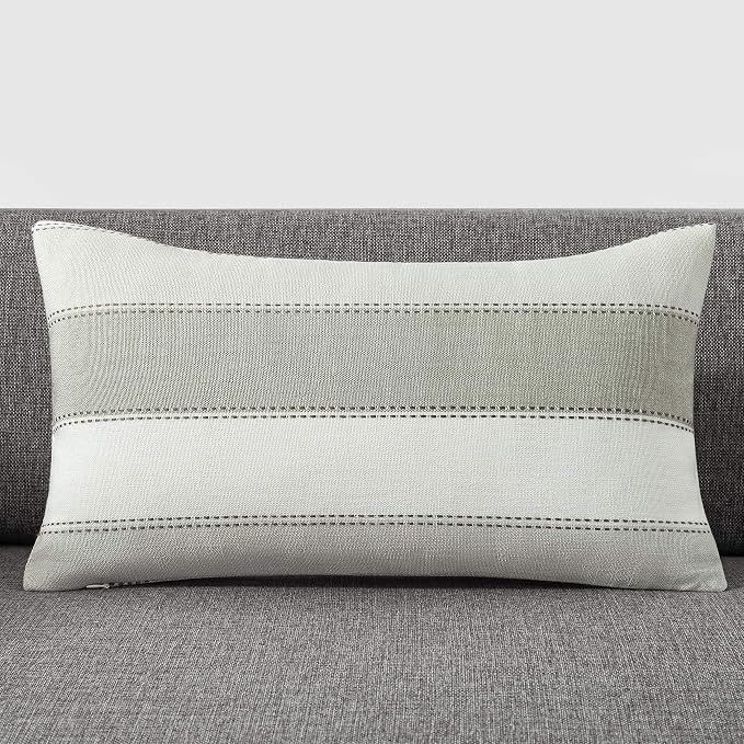 Pack of 2 Farmhouse Stripe Check Throw Pillow Covers Set Case Cotton Linen Decorative Pillowcases Cushion Cover for Couch Bench Sofa 12x20Inch Light Grey Beige
