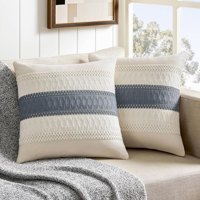 2 Pack Boho Throw Pillow Covers, Contrast Grey Navy 20x20in | Soft Breathable Cotton, Farmhouse Decorative Couch Pillow Cases, Cushion Covers for Sofa Bed Living Room Home Decor