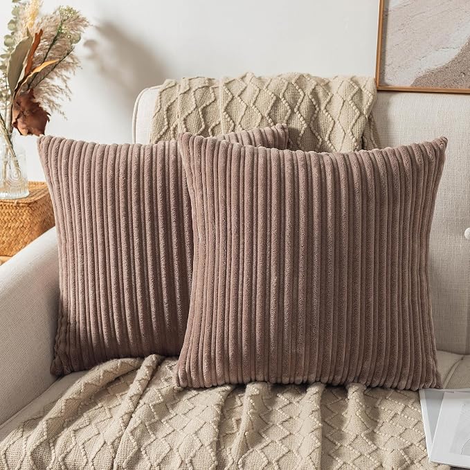 UGASA Soft Velvet Stripe Decorative Pillow Covers Set of 2 Solid Corduroy Textured Euro Cushion Cases for Couch Bedroom Sofa Farmhouse, 18x18 Inch, Light Brown