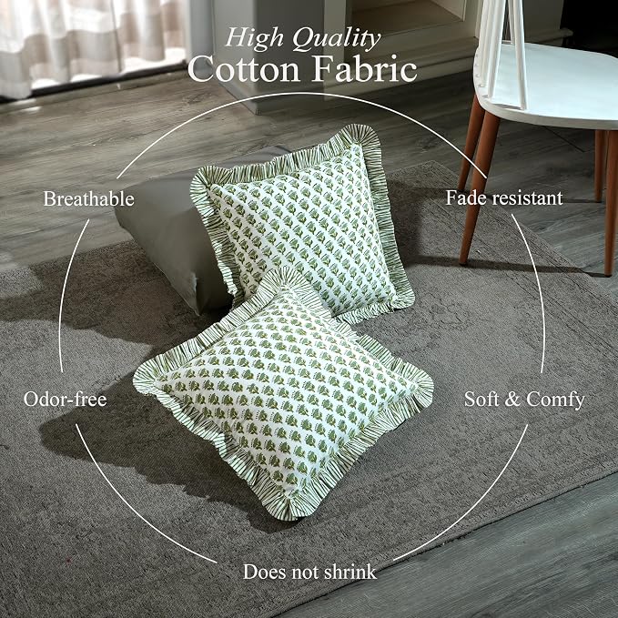 CPC Block Print Ruffle Throw Cover Emerald Green 20"x20" Inch Pack of 2-100% Cotton Ruffle Couch Decorative Boho Pillows Case for Living Room, Bedroom, Sofa, Farmhouse Gift for Spring, Mother's Day