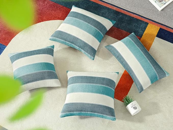 Pack of 2 Farmhouse Stripe Check Throw Pillow Covers Set Case Cotton Linen Decorative Pillowcases Cushion Cover for Couch Bench Sofa 20x20Inch Teal Blue