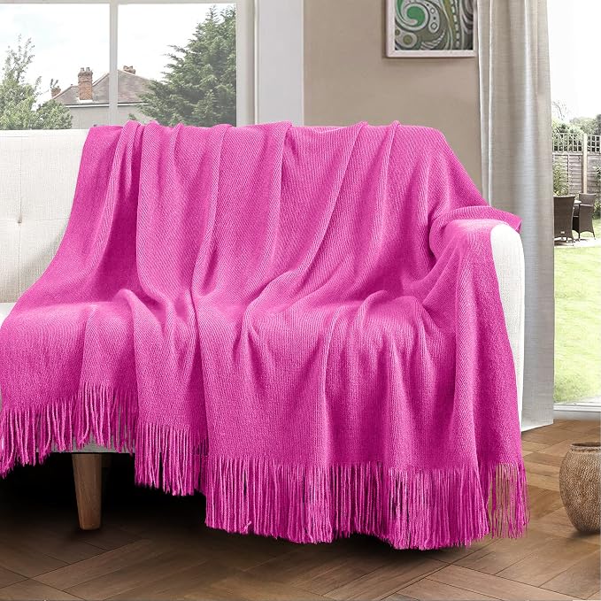 Vonty Hot Pink Knitted Blanket with Tassels Fringe 60" x 80", Super Soft Knit Throw Blanket, Farmhouse Decorative Lightweight Blanket for Couch, Sofa, Bed | Super Soft And Lightweight, Year-Round Cozy Warmth, Farmhouse Decorative Style, Machine Washabl...