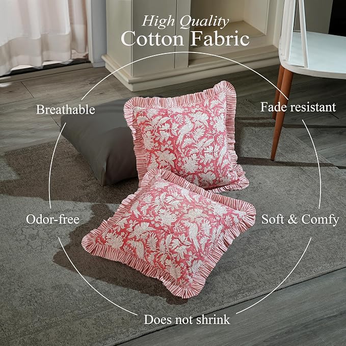 CPC Pink Coral Ruffle Throw Pillow Covers for Couch, 20x20 Inch Cotton Stripe Ruffle Couch Pillows for Living Room, Hidden 16 Inch Zipper Boho Pillow Case or Cute Outdoor Pillows